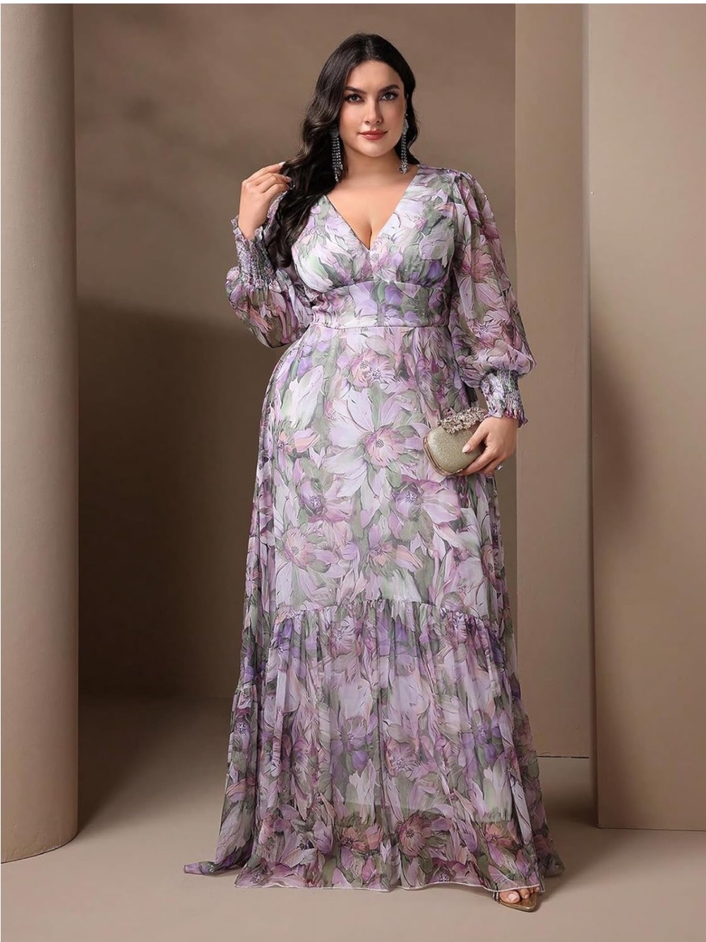 Floral Lavender V-Neck Long Sleeve Dress